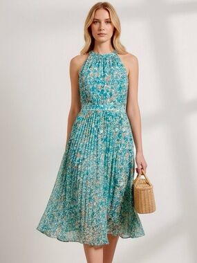 Adrianna Papell Teal Floral Pleated Halter Midi Wedding Guest Dress Size 12